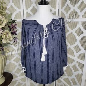 Romeo & Juliet Couture Blue Cold Shoulder Fringe Tassel Tie Boho Top Size L